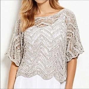 Eileen Fisher  Scallop Crochet Sweater Sz LP Oatmeal Knit Short Sleeve